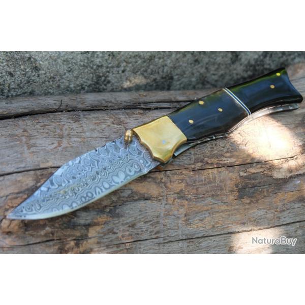 Beau Couteau Lame 128 Couches Acier Damas Manche Poisson B�lier & R�sine Fab Artisanale Linerlock