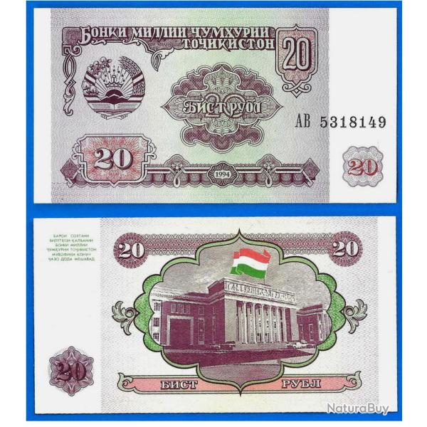 Tadjikistan 20 Roubles 1994 NEUF Billet Parlement