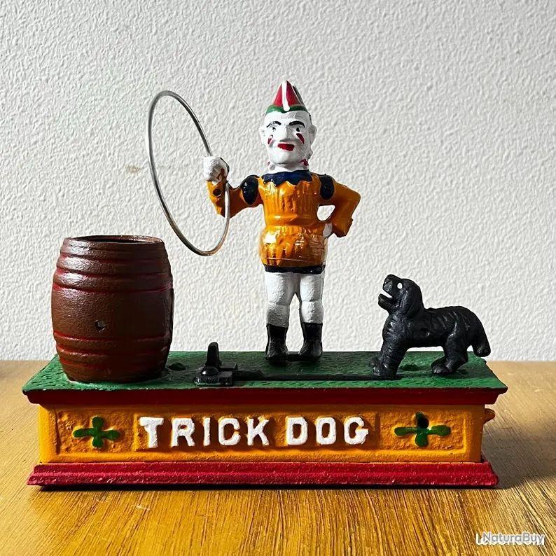 Ancienne Tirelire Mécanique Trick Dog – Fonte Peinte, Chien Saute Dans L'anneau