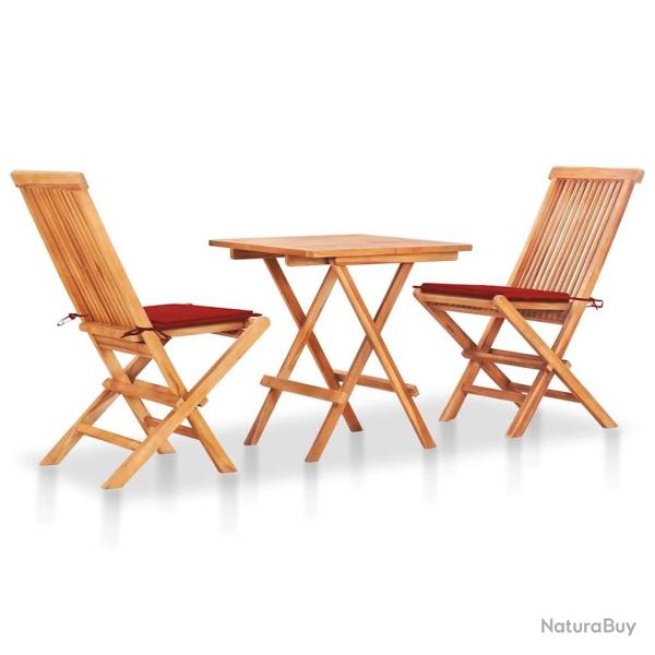 Ensemble de bistro 3pcs avec coussins rouge Bois de teck massif