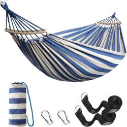 Hamac &Eacute;xt&eacute;rieur de Camping Tige en Bois Courb&eacute;e 2,70x1,50m Charge 200kg &Eacute;tui de Transport Bleu/Blanc