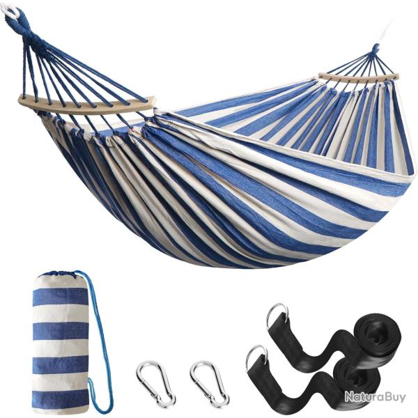 Hamac �xt�rieur de Camping Tige en Bois Courb�e 2,70x1,50m Charge 200kg �tui de Transport Bleu/Blanc