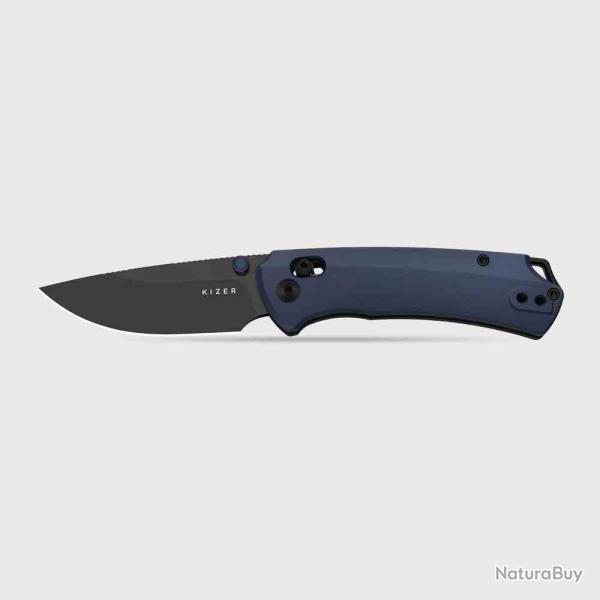 Couteau Kizer T1 CD Task I Lame Drop Point Acier M390 Black Manche Alu Bleu Clutch Lock KI34902CDA2