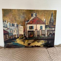 Toile tableau ancien sign&eacute;e "Maurice Utrillo" Superbe sc&egrave;ne urbaine Saint Jean Paris