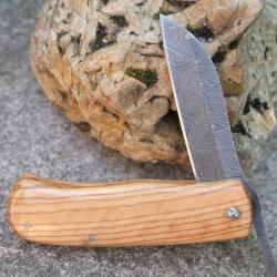 Couteau Pi&eacute;montais Manche Bois Olivier Lame Acier Damas 128 Couches Sheepsfoot Fabric Artisanale 01