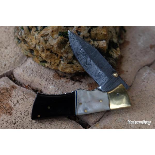 Beau Couteau Damas Lame Drop Point 128 Couches Manche B�lier & R�sine Fabric Artisanale Linerlock 02