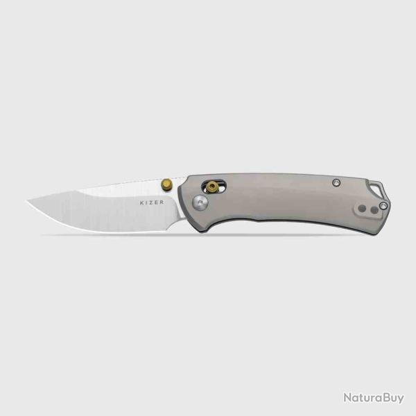 Couteau Kizer T1 CD Task I Lame Drop Point Acier M390 Satin Manche Titane Gris Clutch Lock KI34902CD