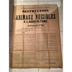 Grande affiche ancienne 1916 chasse animaux nuisibles Yonne