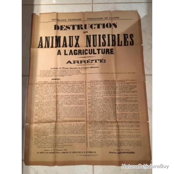 Grande affiche ancienne 1916 chasse animaux nuisibles Yonne