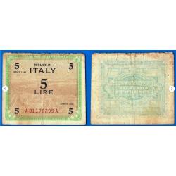 Italie 5 Lire 1943 WWII Lires Europe Italia Lires Billet Imprim&eacute; par les USA