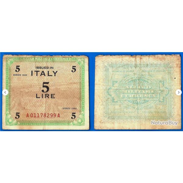 Italie 5 Lire 1943 WWII Lires Europe Italia Lires Billet Imprim� par les USA