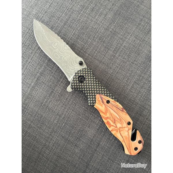 Couteau pliant coupe ceinture/brise vitre lame style damas