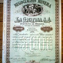 Mexique Mine La Delfina Distrito Bravos Etat de Guerre Action 50.00$ de 1908