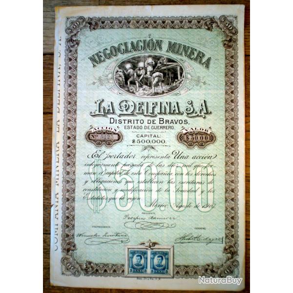 Mexique Mine La Delfina Distrito Bravos Etat de Guerre Action 50.00$ de 1908