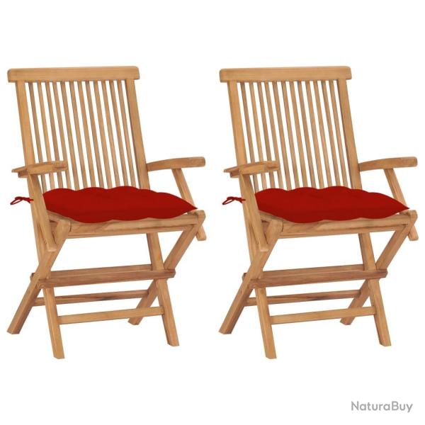 Chaises de jardin avec coussins rouge lot de 2 Bois teck massif