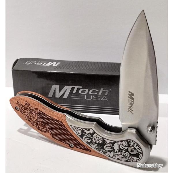 Couteau MTech A/O Linerlock Manche Bois Fa�on Crosse Marron Bolsters Acier Lame Satin�e Acier 3Cr13