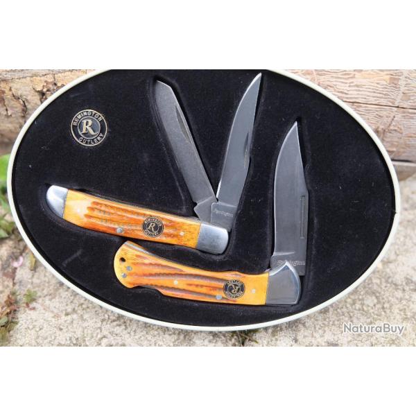Lot de 2 Couteau Canif Remington Lames Acier Carbone Manche Os 1Cran Forc� 1Lockback Boite COllector