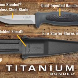 Couteau Bushcraft Rando Camillus Felix Lame Acier 420 Manche Moul&eacute; Etui Plastique Allume Feu