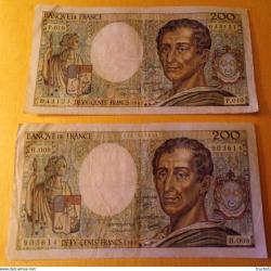 BILLET EN LOT DE 2&nbsp; DE 200 FRANCS MONTESQUIEU DE 1982&nbsp; , SERIE H.009 ET P.010,&nbsp; ETAT VOIR PHOTOS . P