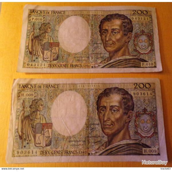 BILLET EN LOT DE 2� DE 200 FRANCS MONTESQUIEU DE 1982� , SERIE H.009 ET P.010,� ETAT VOIR PHOTOS . P