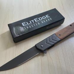 Couteau Semi Automatique ElitEdge Lame Acier 420C Black Stonewash Manche Bois/Acier Linerlock Clip