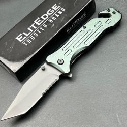 Couteau ElitEdge Rescue Lame Tanto Acier 420C Manche Gray Alu Linerlock Brise Vitres Coupe Ceintures