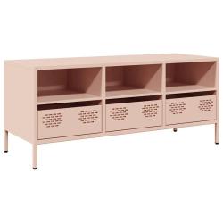 Meuble TV industriel rose 101,5 x 39 x 43,5 cm 3 compartiments et 3 tiroirs en acier lamin&eacute; &agrave; froid