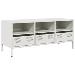 Meuble TV design industriel avec rangement ample 101,5 x 39 x 43,5 cm en acier lamin&eacute; &agrave; froid blanc