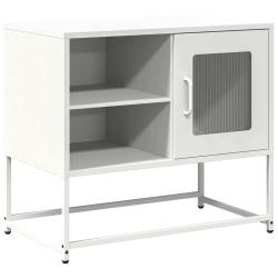 Meuble TV blanc avec grand espace de rangement et design industriel 68 x 39 x 60 cm en acier lamin&eacute;