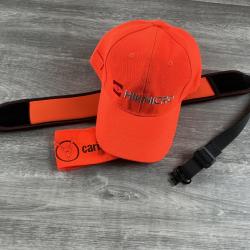 bretelle carabine neoprene orange + casquette hickmicro + brassard