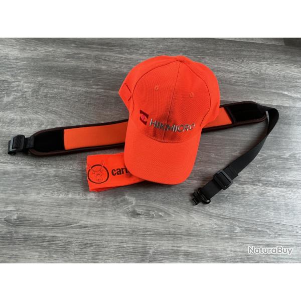 bretelle carabine neoprene orange + casquette hickmicro + brassard
