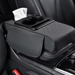 Bo&icirc;te Accoudoir Voiture Coussin Rehausse 7,5cm Porte Gobelet Rangement Gris