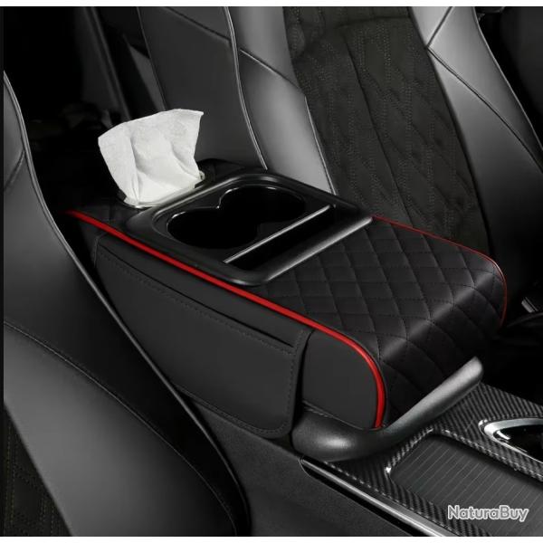 Bo�te Accoudoir Voiture Coussin Rehausse 7,5cm Porte Gobelet Rangement Noir Rouge
