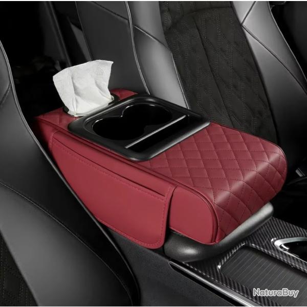 Bo�te Accoudoir Voiture Coussin Rehausse 7,5cm Porte Gobelet Rangement Rouge