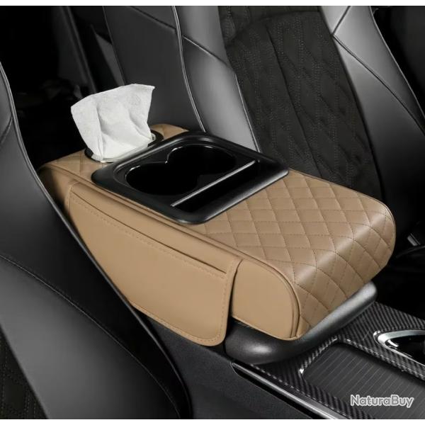 Bo�te Accoudoir Voiture Coussin Rehausse 7,5cm Porte Gobelet Rangement Beige