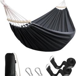 Hamac Ext&eacute;rieur de Camping Charge 200kg Tige en Bois Courb&eacute;e 2,70x1,50m &Eacute;tui de Transport Gris Fonc&eacute;