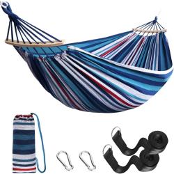 Hamac Ext&eacute;rieur de Camping Charge 200kg Tige en Bois Courb&eacute;e 2,70x1,50m &Eacute;tui de Transport Bleu/Rouge