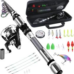 Ensemble de Canne &agrave; p&ecirc;che Fibre de Carbone 1.8m  Kit Leurres Moulinet Fluorescente Sac de Transport