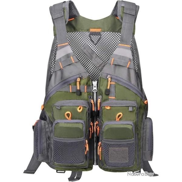 Gilet de P�che R�glable Ultra L�ger Poches Zipp�es Bandes R�fl�chissantes Vert