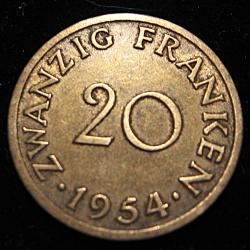 Saarland piece de 20 franken 1954 ttb diametre 23,5 mm