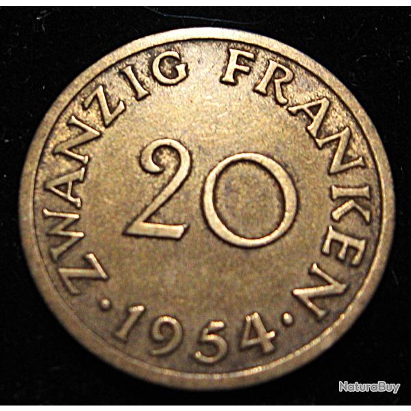Saarland piece de 20 franken 1954 ttb diametre 23,5 mm