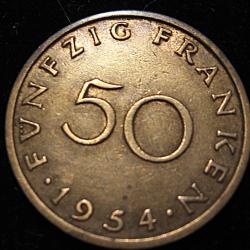 Saarland piece de 50 franken 1954 ttb diametre 27 mm