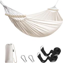 Hamac 2,70x1,50m Charge 200kg avec Tige en Bois Courb&eacute;e &Eacute;tui de Transport Camping Ext&eacute;rieur Blanc