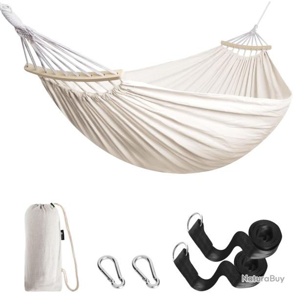 Hamac 2,70x1,50m Charge 200kg avec Tige en Bois Courb�e �tui de Transport Camping Ext�rieur Blanc
