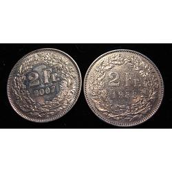 Suisse piece de 2 francs 1988 et 2007  helvetia ttb  diametre 27,2 mm