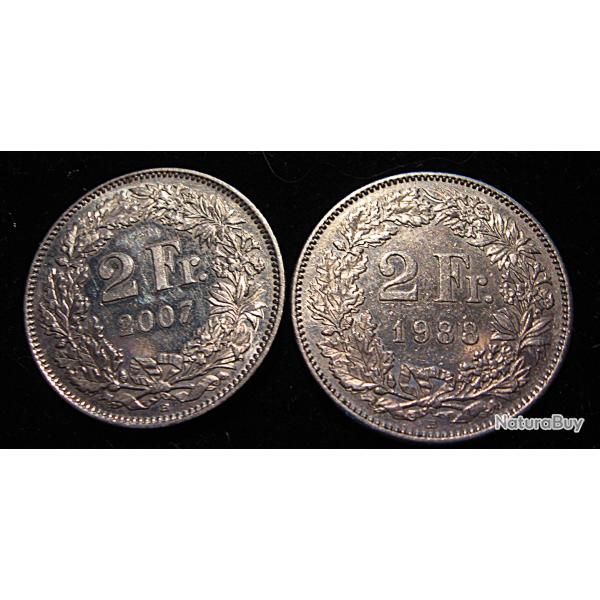 Suisse piece de 2 francs 1988 et 2007  helvetia ttb  diametre 27,2 mm