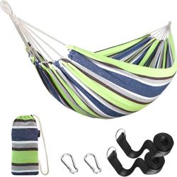 Hamac 2,70x1,50m avec Tige en Bois Courb&eacute;e Charge 200kg  &Eacute;tui de Transport Ext&eacute;rieur Camping Vert