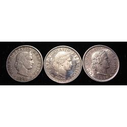Suisse 3 pieces de 20 rappen1881 - 1976 - 2008  ttb  diametre 27 mm
