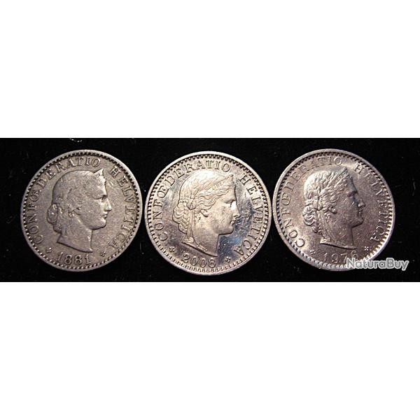 Suisse 3 pieces de 20 rappen1881 - 1976 - 2008  ttb  diametre 27 mm