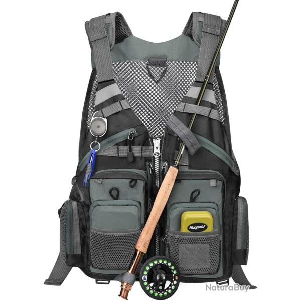 Gilet de P�che Taille Unique Bandes R�fl�chissantes R�glable Poches Zipp�es Ultra L�ger Noir